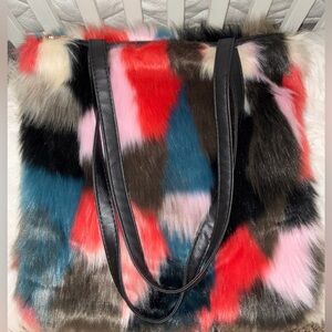 Multicolored patchwork tote bag plush faux fur